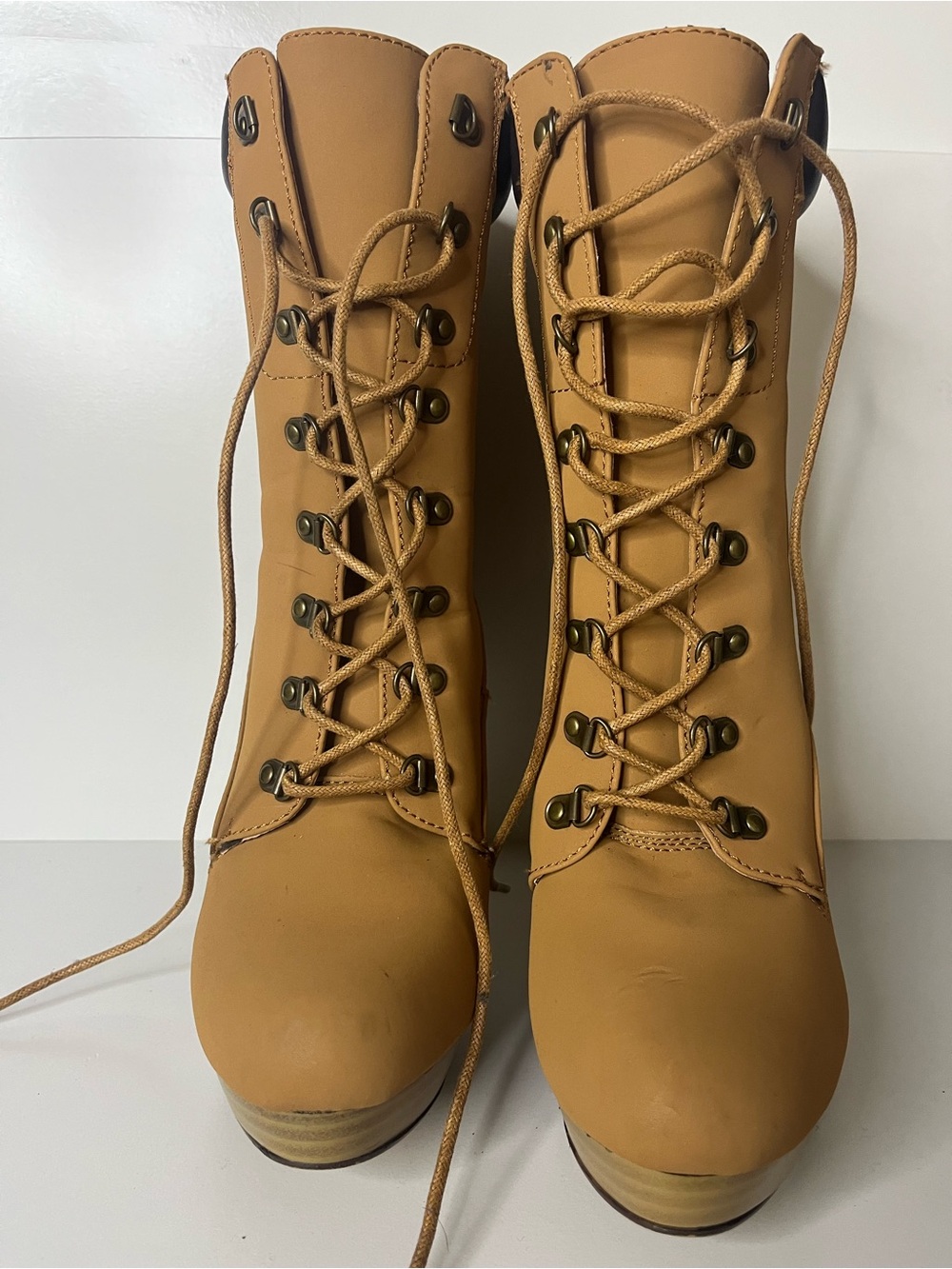 Women’s Tan Lace-Up Booties - Stylish Combat-Inspired Heels